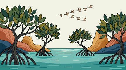 Mangrove ecosystem with flying birds © ADIT