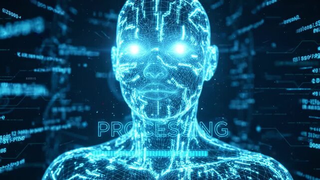 Glowing cyan wireframe humanoid bust shown in three-quarter view, with luminous eyes, circuit-like facial traces, pulsing data streams, and dark futuristic background for technology concept use
