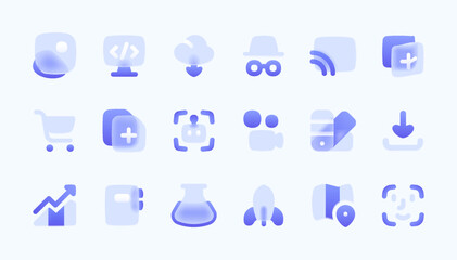 Fototapeta premium Transparent purple liquid glass morphism vector icons for startup, business, technology, e commerce. Modern frosted glass UI icon set white background for web, apps, dashboard, branding, UX design.