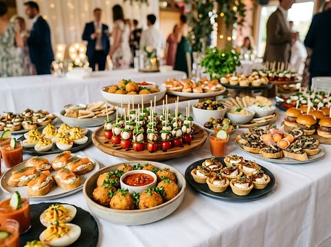 Elegant Buffet Table with Gourmet Appetizers and Guests.