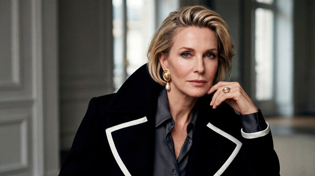 Sophisticated mature blonde woman wearing a stylish black coat with white trim, gold and pearl earrings, and a matching ring. Elegant indoor portrait with cinematic lighting, perfect for high fashion,