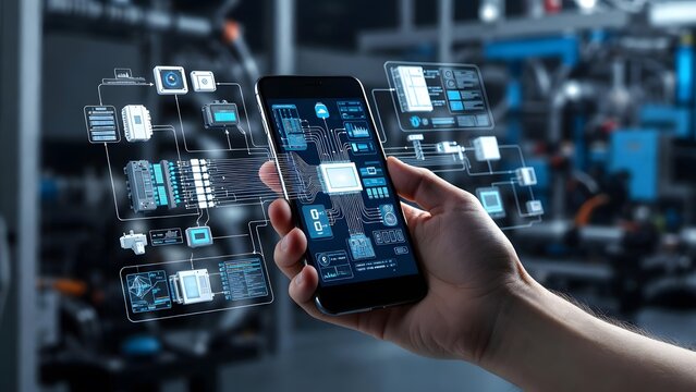 Human hand holding a smartphone displaying a holographic interface with various technological icons and data visualizations, suggesting advanced mobile connectivity and industrial.