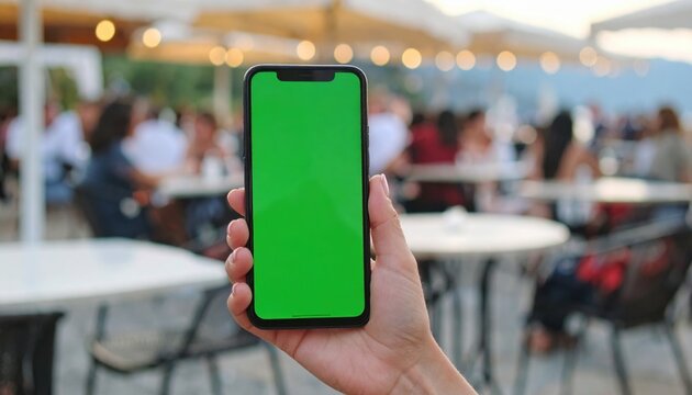 Woman Holding Smartphone with Green Screen Outdoors