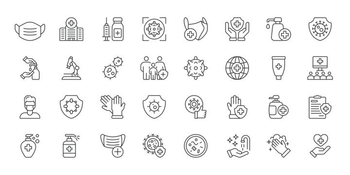 Infection Prevention icons in line design. infection prevention, hygiene, mask, sanitizer, virus, healthcare, protection on white background vector. Infection Prevention editable stroke icons.