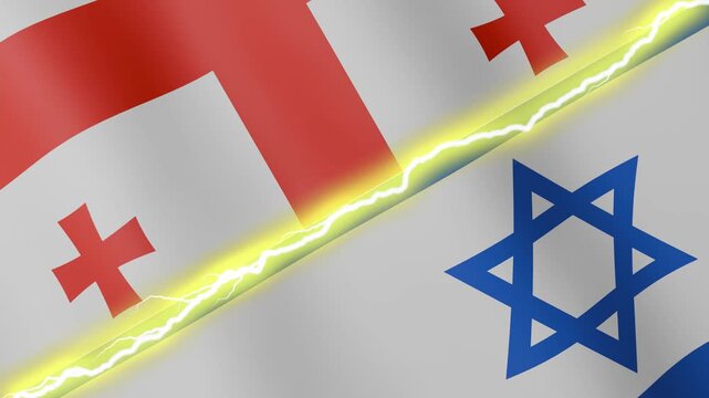 Two waving flags Georgia and Israel with diagonal lightning seamless, 4k loop