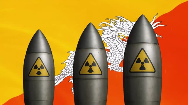 Nuclear missiles against bhutan flag background, conceptual geopolitical tension and national security threat animation