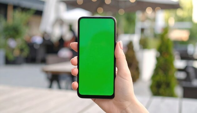 Woman Holding Smartphone with Green Screen Outdoors