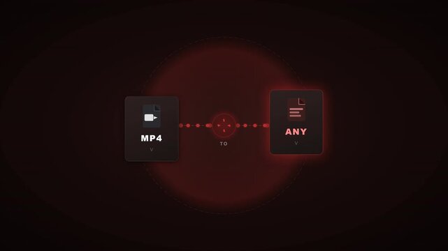 Animated graphic showing a video file conversion from MP4 to any other format on dark background.