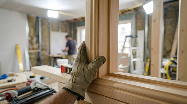Carpenter in safety glove checking wooden window frame installation | Close up of worker hands assembling timber house structure | Carpenter workshop with wood boards level tool and nail gun