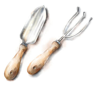 Watercolor hand drawn illustration of a vintage metal garden rake or fork and trowel with wooden handles, soft shadow, isolated on white background. Rustic gardening tools clipart