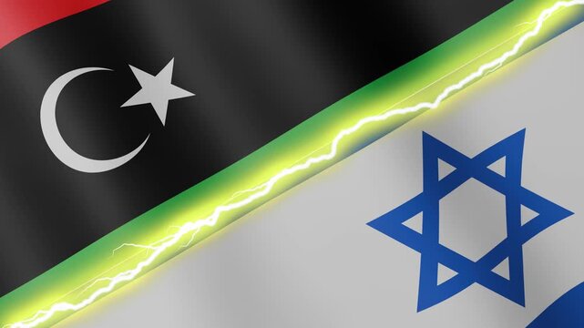Two waving flags Libya and Israel with diagonal lightning seamless, 4k loop