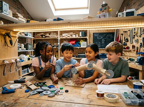 Children enjoying creative art project together.