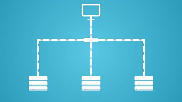Flat design animation of data transmission from a central computer to three server stacks on a blue background.