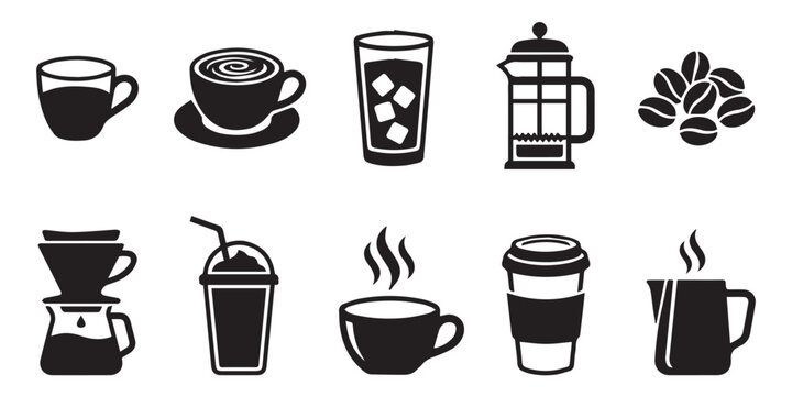 Black coffee and tea icon set, vector illustration. A collection of black and white icons featuring various coffee and tea cups, mugs, and brewers