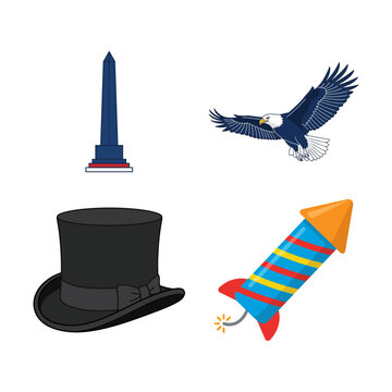 Patriotic Symbols Featuring an Eagle Top Hat Monument and Fireworks Icon Collection Set