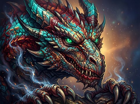 Fierce Dragon Head with Glowing Green Eyes.
