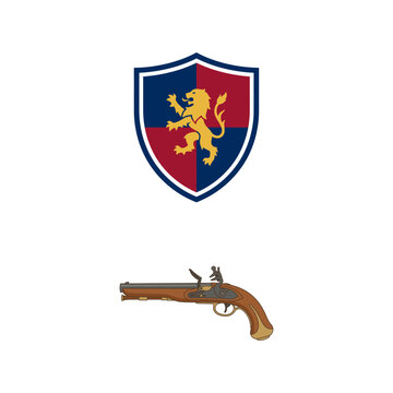 Heraldic Shield Featuring A Golden Lion Emblem Paired With An Antique Flintlock Pistol