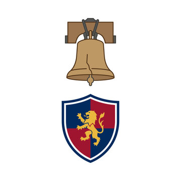 Historical Liberty Bell Symbol and Heraldic Shield with Lion Crest Icon Illustration