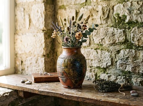 Rustic Clay Vase with Wildflowers on Wooden Table.