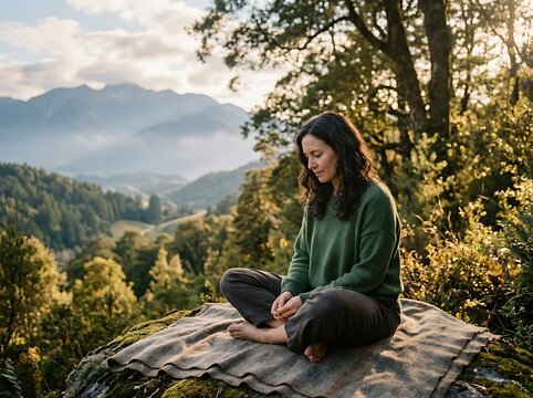 Woman meditating on a rock in a forest landscape.