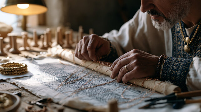 Close up of artisan's hands weaving fine copper wire into Viking knit chain on dowel rod, jeweler's workbench scattered with mandrels and small pliers, warm lamp casting shadow