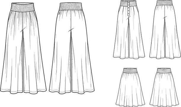 Fashion Technical Flat Sketch Set of Women High Waist Wide Leg Trousers and Skirt
