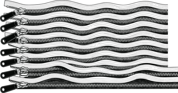 Seamless Wavy Zipper Texture Background and Clothes Fastener Line Art Vector Illustration