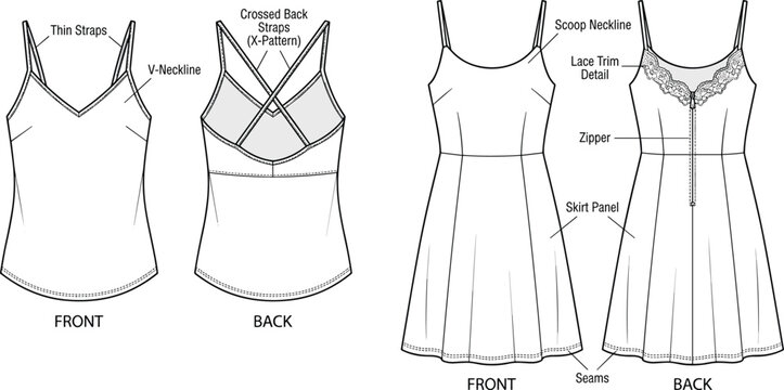 Women fashion technical sketch collection with thin strap camisole top and lace trim dress template