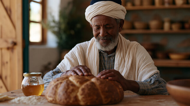 Ethiopian elder seated at kitchen table during Rosh Hashanah preparation, round challah and honey jar centered in frame, hands working dough, multigenerational holiday cooking