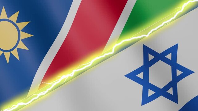 Two waving flags Namibia and Israel with diagonal lightning seamless, 4k loop