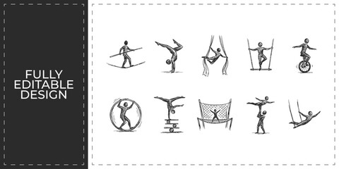 Circus Performance and Artistic Gymnastics Hand Drawn Icon Set featuring Acrobat Unicycle and Circus Tent for Entertainment and Fairground Branding © Ashik  Khan