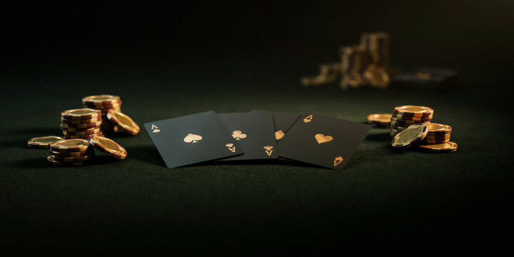 Luxury black playing cards on casino felt table with stacked gold poker chips gambling strategy competition blackjack entertainment professional close-up currency atmosphere lifestyle