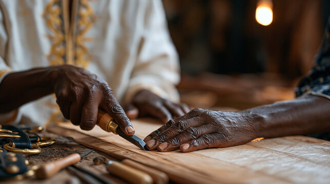 Weathered hands of a Nigerian saddler pressing a beveled edge tool into dampened vegetable-tanned leather at a cluttered workshop bench, bridle hardware and awls scattered nearby,