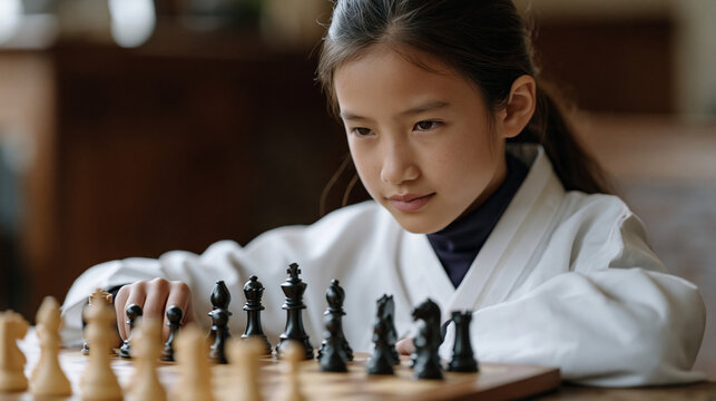 Vietnamese chess player staring at a losing position on the board pulling her piece back and choosing to forfeit a winnable side challenge rather than risk a worse outcome