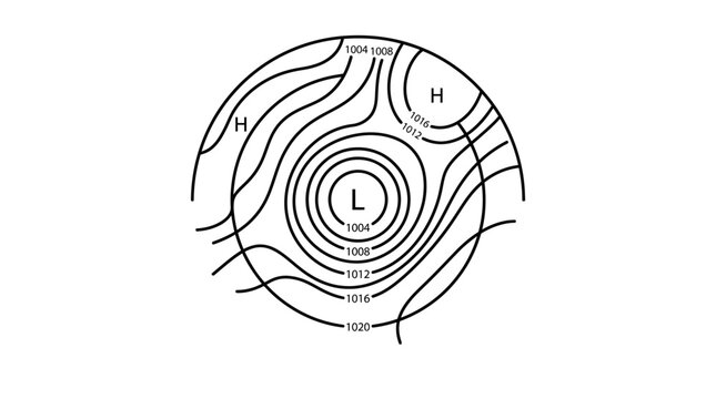 Weather map showing high and low pressure systems, isobar lines