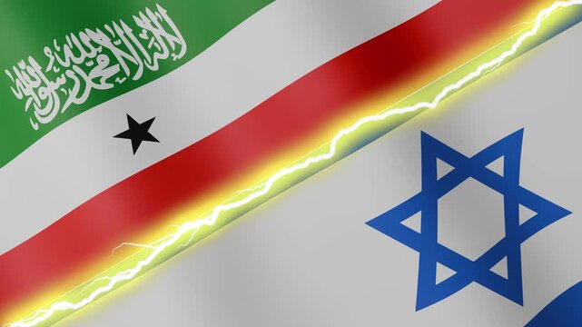 Two waving flags Somaliland and Israel with diagonal lightning seamless, 4k loop
