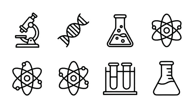 Science icons including a microscope, DNA, beaker, atom, and test tubes are shown