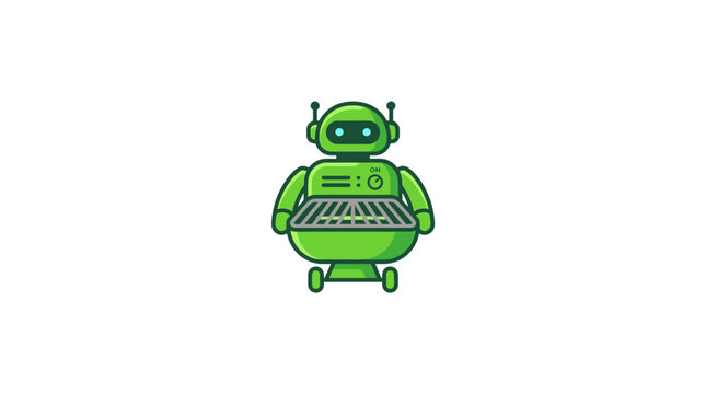 Cute Green Robot Character with Antennas and Screen Face, AI Concept