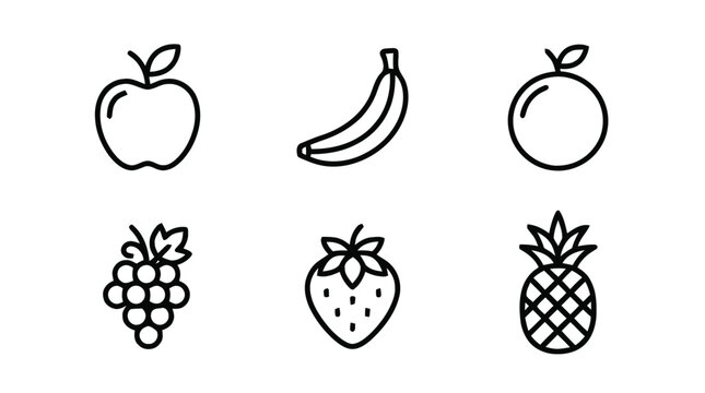 A colorful illustration of six fruit icons including an apple, banana, peach, grapes, strawberry, and pineapple in a simple line drawing style for (551).eps graphic design.