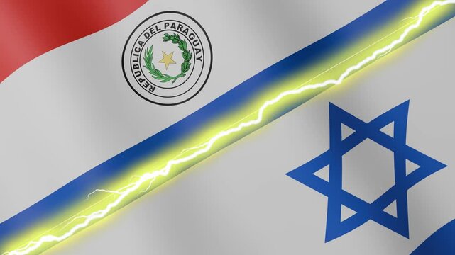 Two waving flags Paraguay and Israel with diagonal lightning seamless, 4k loop
