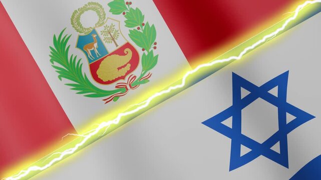Two waving flags Peru and Israel with diagonal lightning seamless, 4k loop