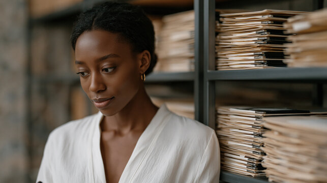 Stacked floppy disks in archival sleeves on steel shelving unit, digital preservation archivist scanning disk labels with handheld reader, server room hum implied by equipment