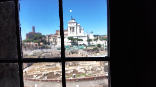 Cinematic View Of Monument To Victor Emmanuel II Framed Through An Old Window