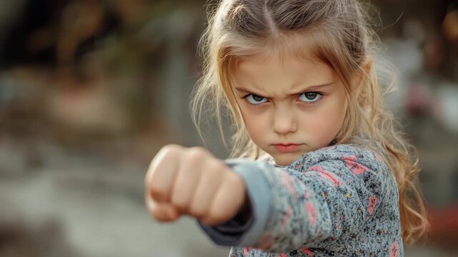 A young girl with a focused look, striking out with her fist.