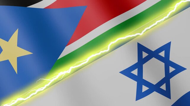Two waving flags South Sudan and Israel with diagonal lightning seamless, 4k loop