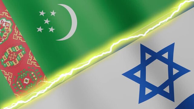 Two waving flags Turkmenistan and Israel with diagonal lightning seamless, 4k loop