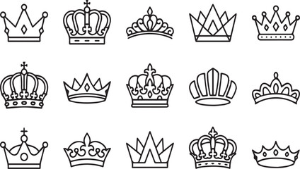 Set of fifteen hand drawn outline crowns and tiaras, queen and king crown icon collection. © abdullah