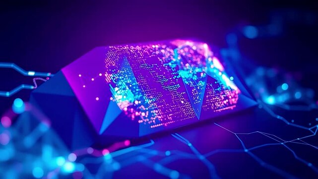 A sophisticated 3D animation showcasing a high-tech processor core integrated into a complex digital architecture. The central geometric structure glows with vibrant pulses of data