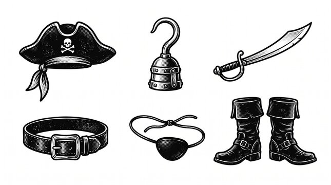 A vintage halftone vector illustration set of classic black and white pirate accessories, featuring a captain's hat, hook, cutlass sword, leather belt, eyepatch, and boots on a white background.