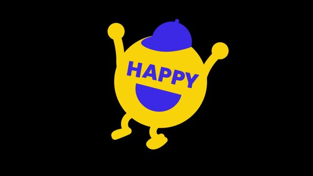 Flat vector cartoon character animation with yellow smiley face wearing a blue cap jumping for joy